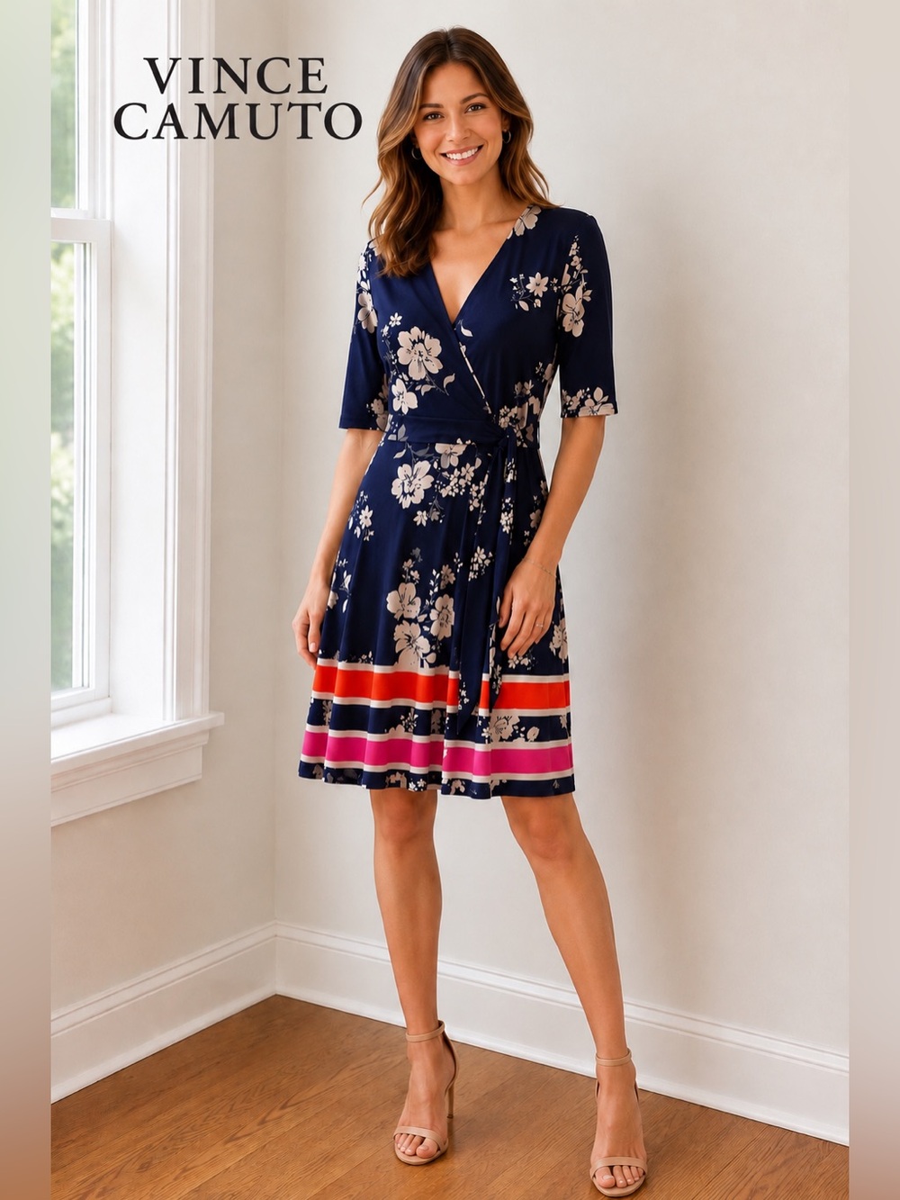 Vince Camuto Navy Floral Faux Wrap Dress Size 8 Knee Length Stretch 3/4 Sleeve